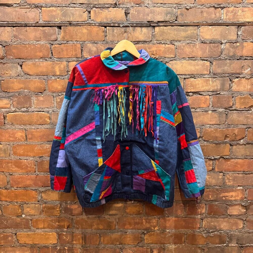 Vintage Colorful SFR Sante Fe Fringe Denim Jacket Rainbow Boho Hippie Retro